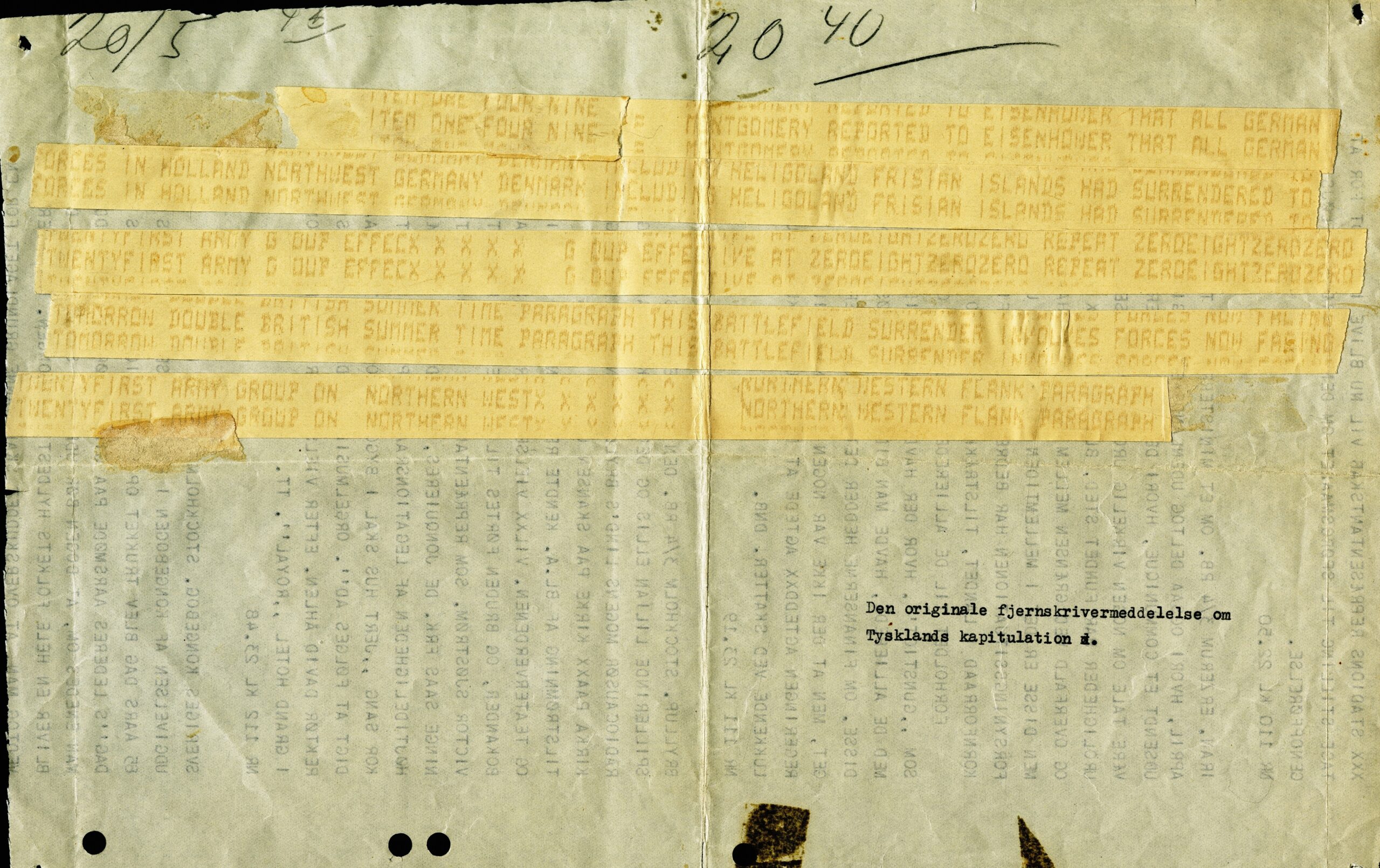 Fjernskrivermeddelelsen som fortalte at de tyske tropper havde overgivet sig 