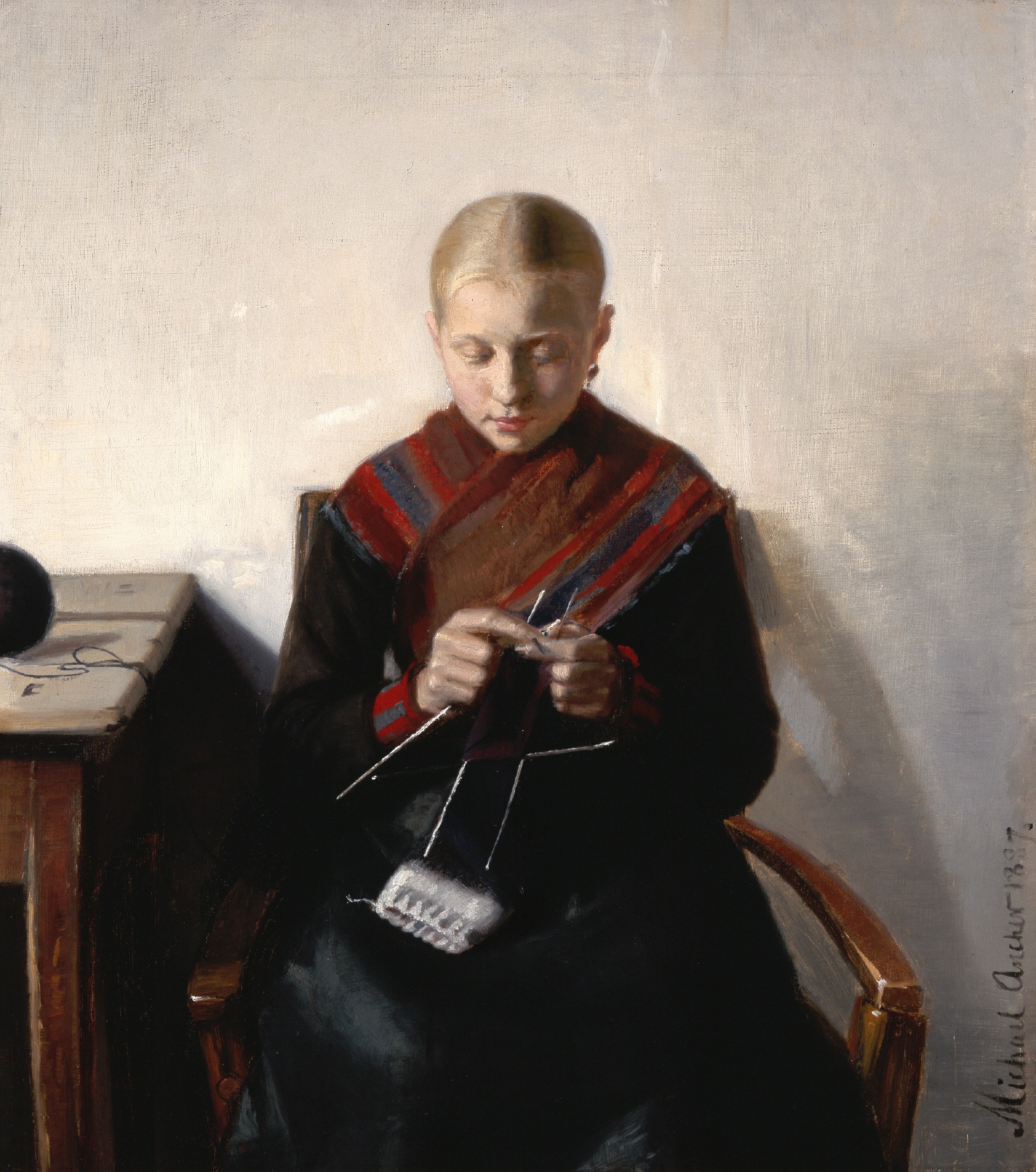 Langt det meste tøj og strik blev fremstillet til eget forbrug. Michael Ancher: Ung fiskerpige der strikker, 1887. Billedet kan ses på Kunstmuseum Brandts.