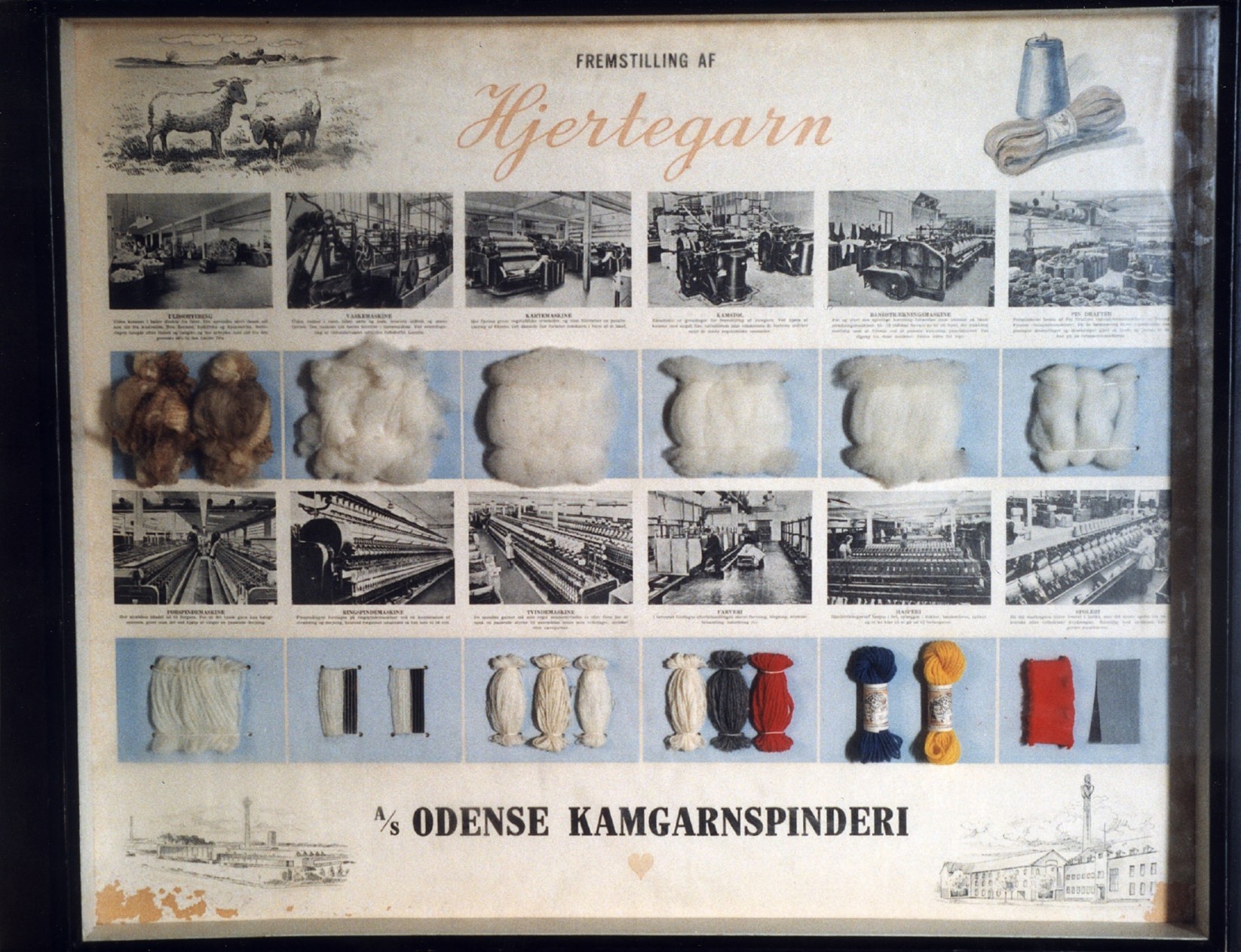 Uld skulle igennem en lang industriel proces, for at blive til det farverige Hjertegarn, som man kan se på dette reklamebillede for Odense Kamgarnspinderi 