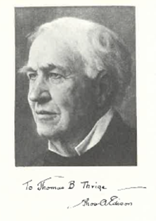 Portræt af Edisons med autograf på. Portrættet af Edison modtog Thrige i 1920'erne.