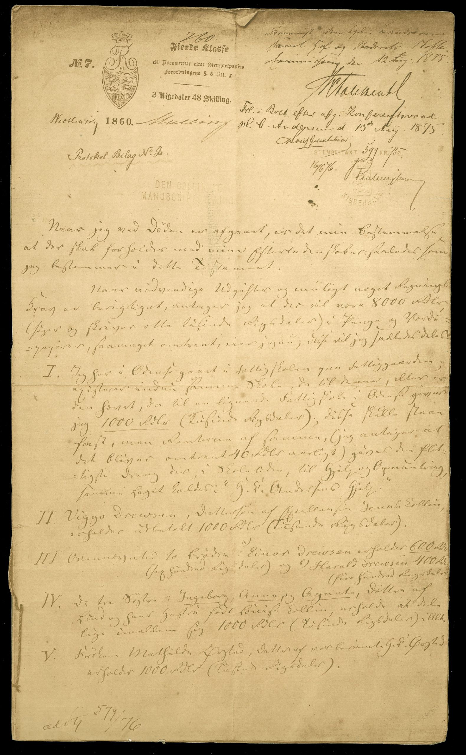 H.C. Andersens testamente, den 18. februar 1860. 