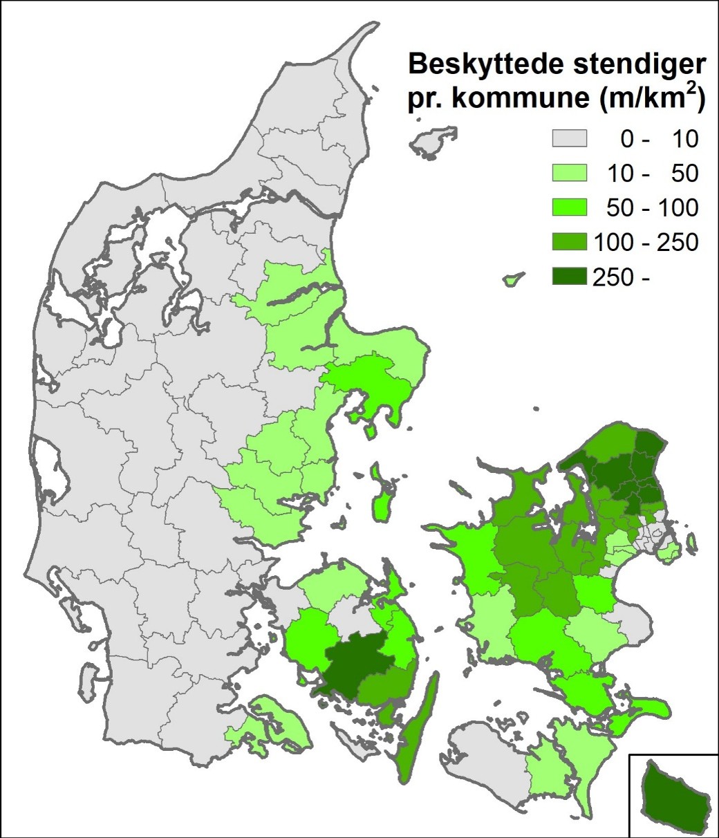 Koncentration af beskyttede stendiger pr. kommune. Udregnet fra Slots- og Kulturstyrelsens database.