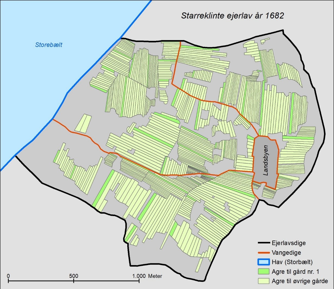Rekonstruktion af Starreklinte ejerlav i Odsherred 1682 under landsbydyrkningsfællesskabet, hvor strukturerne måske er anlagt for omkring 1.000 år siden. Udover selve landsbygrundene med gårde og huse var ejerlavet inddelt i tre hovedmarker med diger omkring (såkaldte vange). Hver af de 12 gårde havde over 40 agre spredt over hele ejerlavet, men disse havde ikke diger omkring. Som det fremgår af figur 6, ændres denne struktur i Starreklinte sig markant ved udskiftningen 1798. Bearbejdet fra Karl-Erik Frandsen m.fl. 1975.