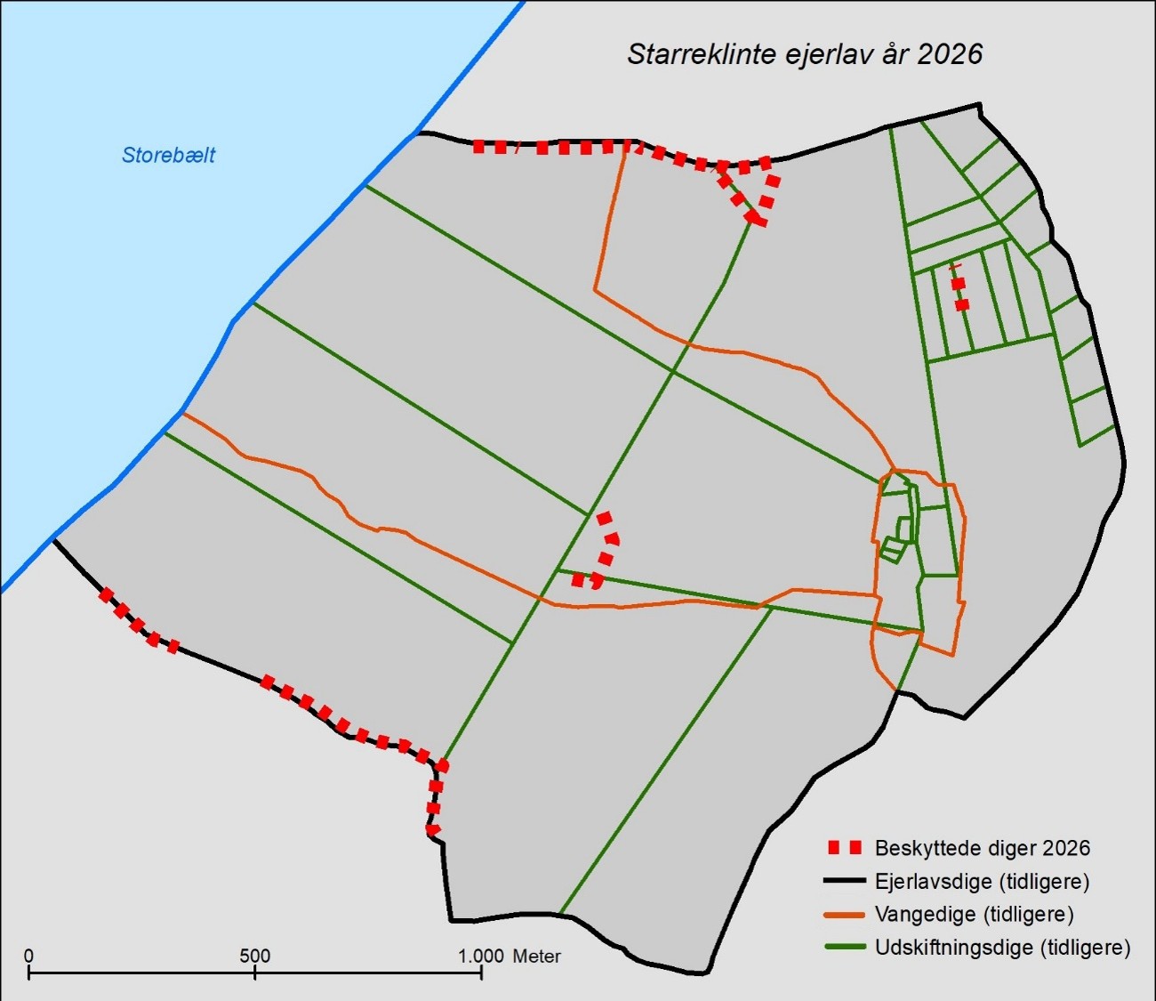 Tidligere landbrugsdiger inden for Starreklinte ejerlav inddelt i ejerlavsdiger, vangediger og udskiftningsdiger samt markering af beskyttelsen i dag.